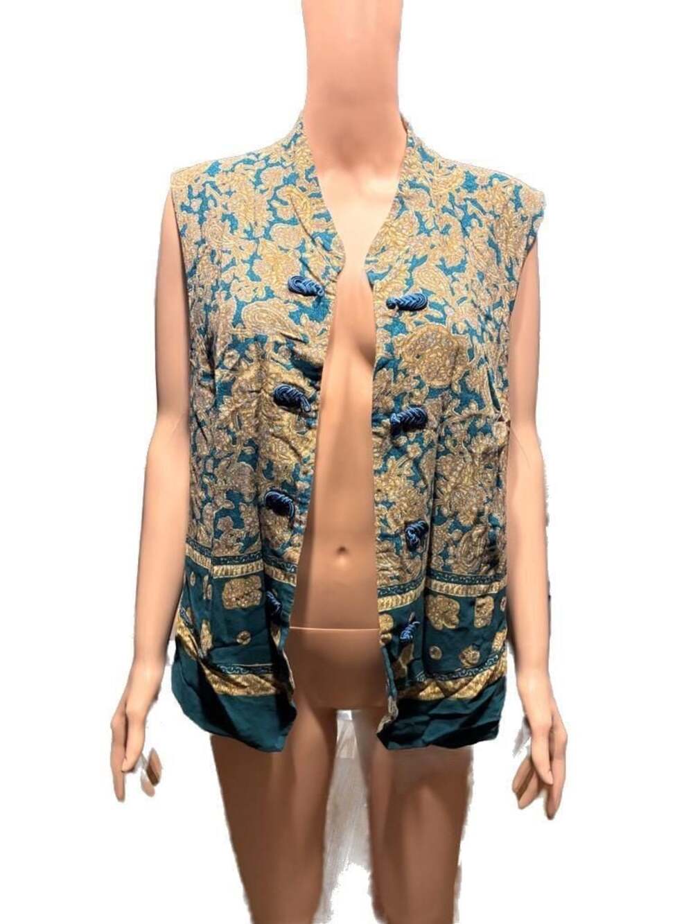 Vintage Maggie McNaughton Teal and Gold Paisley Frog Closure Waistcoat Vest